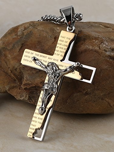 HZMAN Men's Stainless Steel Cross Crucifix Bible Prayer Pendant Necklace 22+2" Chain Gold - Image 4