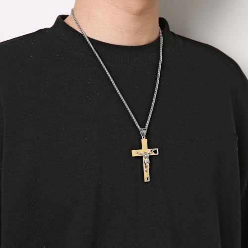 HZMAN Men's Stainless Steel Cross Crucifix Bible Prayer Pendant Necklace 22+2" Chain Gold - Image 2