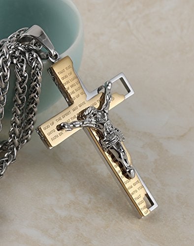 HZMAN Men's Stainless Steel Cross Crucifix Bible Prayer Pendant Necklace 22+2" Chain Gold - Image 3