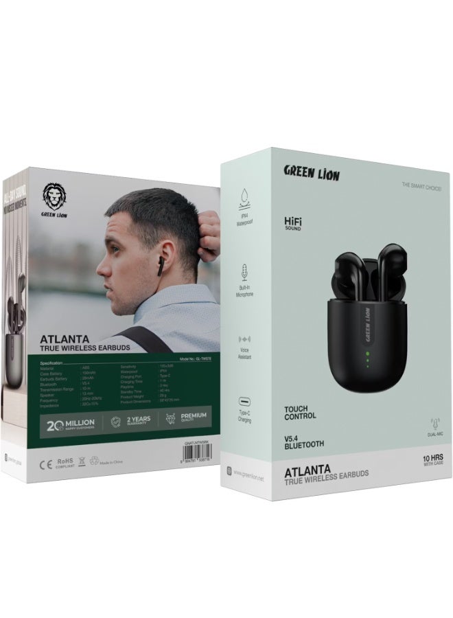 Green Lion Atlanta Wireless Earbuds with Built-in Microphone, IPX4 Water Resistance, Voice Assistant, HD Sound, Touch Control, and Up to 3 Hours of Playtime - Black - Image 1