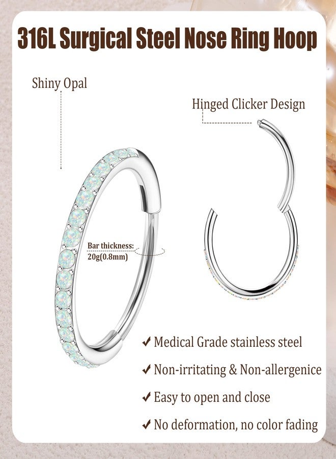 MJust Opal Nose Hoops for Women Men - 316L Surgical Steel Hinged Nose Rings 20G Clicker Septum Nose Ring Lip Helix Cartilage Hoop Earring Daith Rook Conch Body Piercing Jewelry 6MM 7MM 8MM 10MM - Image 2