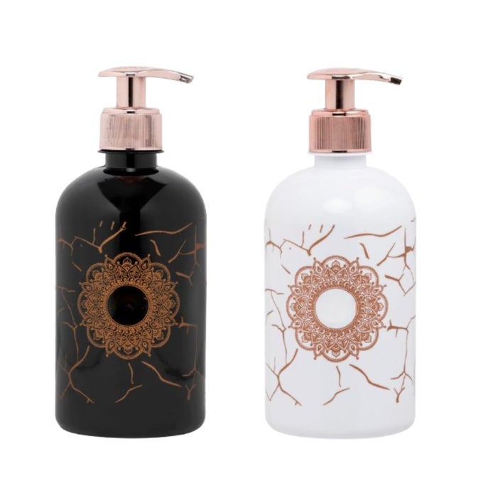 DECORATIVE SOAP DISPENSER BOTTLE WITH GOLD/ROSE GOLD MANDALA DESIGN, CHROME PUMP TOP, PLASTIC BODY FOR HOTEL RESTAURANTS, KITCHEN AND BATHROOM- 250 ML (PACK OF 2 ROSEGOLD)