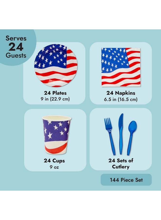 Juvale 144 Piece Patriotic Party Supplies, American Flag Plates, Napkins, Cups, Cutlery for 4th of July, Memorial Day Decorations for American Themed Party, Citizenship Party (Serves 24)  - Image 3