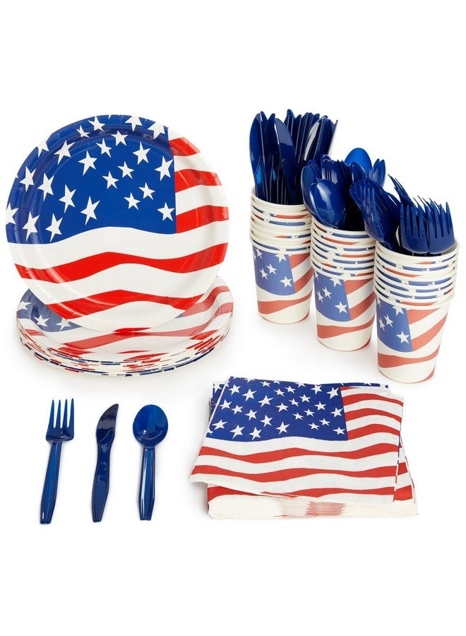 Juvale 144 Piece Patriotic Party Supplies, American Flag Plates, Napkins, Cups, Cutlery for 4th of July, Memorial Day Decorations for American Themed Party, Citizenship Party (Serves 24)  - Image 1