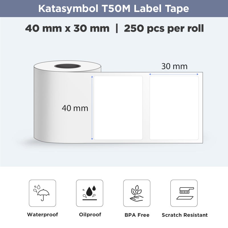 SUPVAN T50M Series Label Maker Tape, 4 Rolls 1.57'' Ã— 1.18'' (40mm Ã— 30mm) 250 Labels/Roll Genuine Laminated Thermal Label Tape, Waterproof Oilproof Highly Adhesive Auto Detect Labels, Black on White - Image 2
