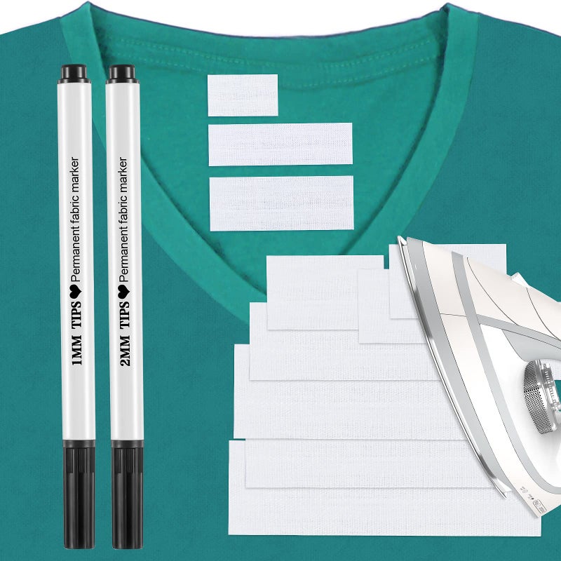 Tatuo 100 Pieces Precut Iron on Labels for Clothing and 2 Pcs Permanent Fabric Markers Laundry Marker Personalized Blank Clothing Name Tags for Nursing Homes, Camp, College, and Uniforms, 3 Size - Image 1