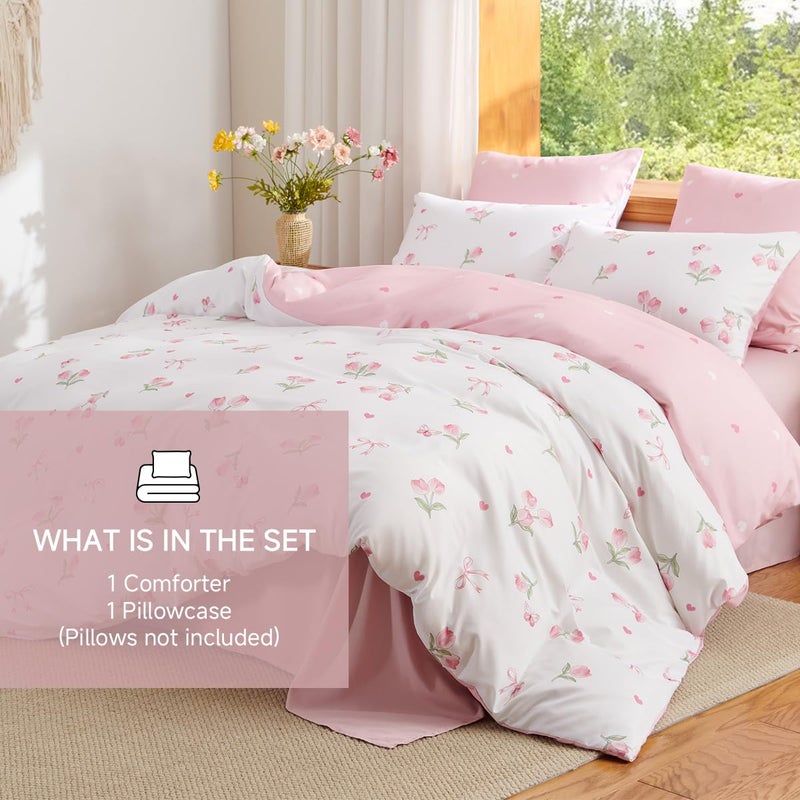 Erwinmu Floral Comforter Set Twin Size,2 Pieces Pink Floral Bow Ties Comforter Bedding Sets Reversible Pattern Back to School for Girls Kids,Chic Tulips with Heart Comforter and 1 Pillowcase - Image 3