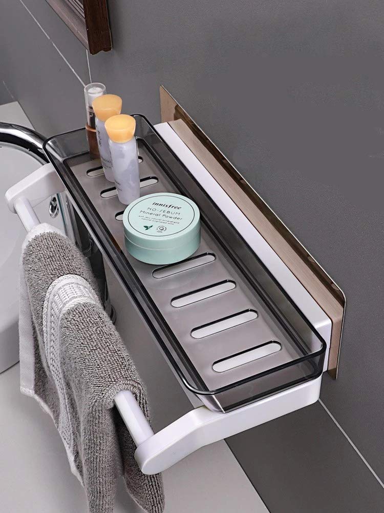 SEMITO Self Adhesive Bathroom and Kitchen Storage Rack with Towel Bar for Shampoo Cosmatics Towel Napkin ABS Plastic Material Heavy Duty Multi Colour Pack of 1 (Storage Rack with ABS Towel Bar) - Image 5