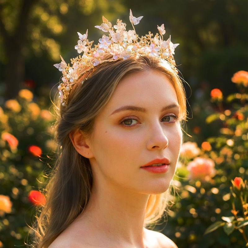 Brishow Gold Butterfly Tiara, Pearl Flower Fairy Crown Headpiece for Women - Image 3