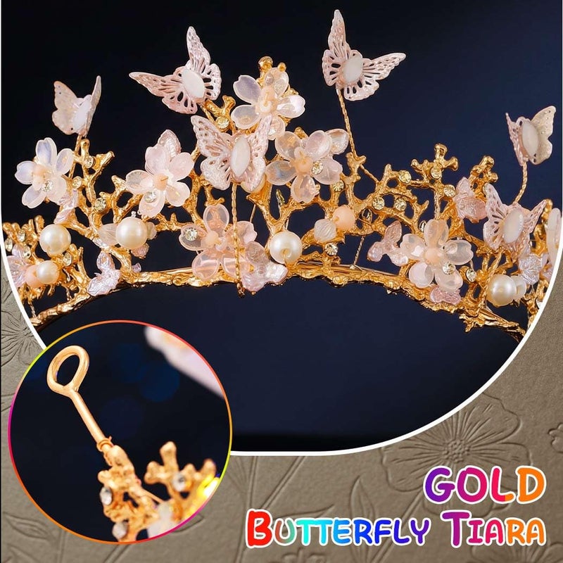 Brishow Gold Butterfly Tiara, Pearl Flower Fairy Crown Headpiece for Women - Image 4