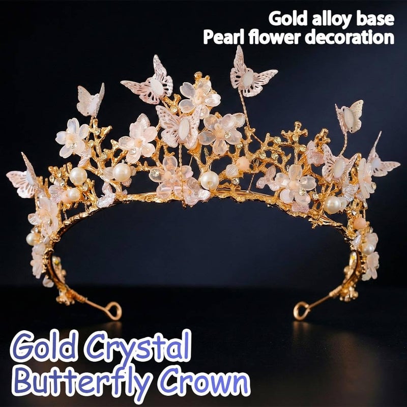 Brishow Gold Butterfly Tiara, Pearl Flower Fairy Crown Headpiece for Women - Image 2