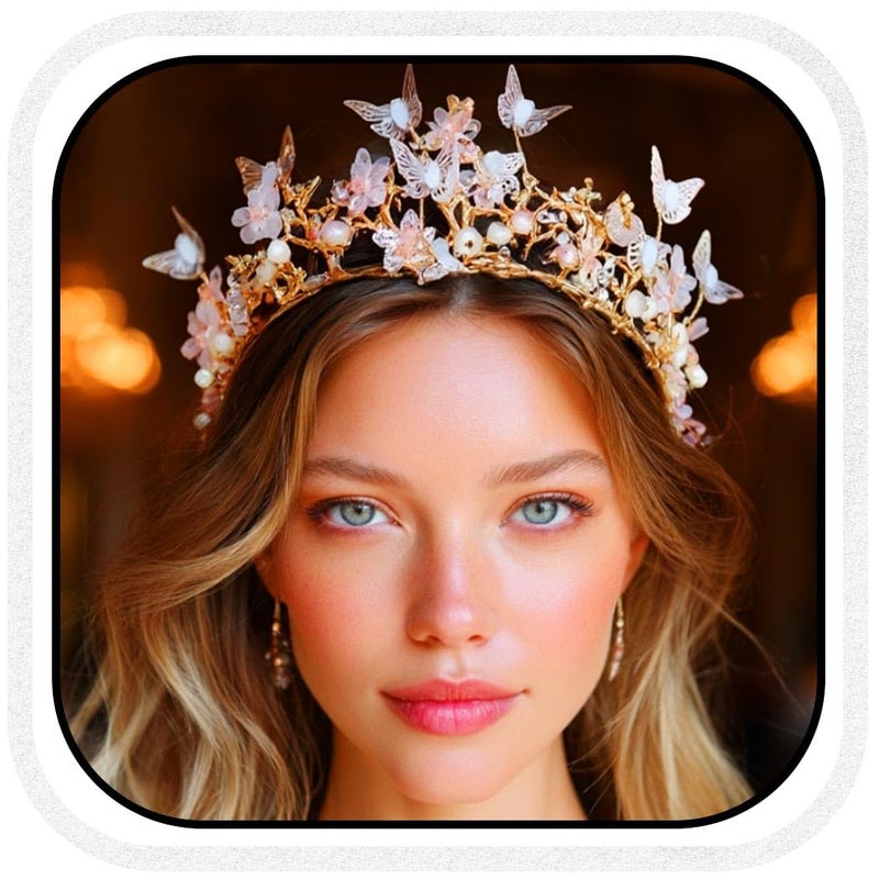 Brishow Gold Butterfly Tiara, Pearl Flower Fairy Crown Headpiece for Women - Image 1