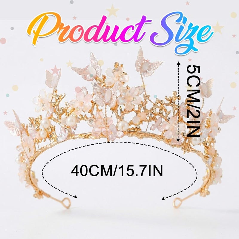 Brishow Gold Butterfly Tiara, Pearl Flower Fairy Crown Headpiece for Women - Image 5