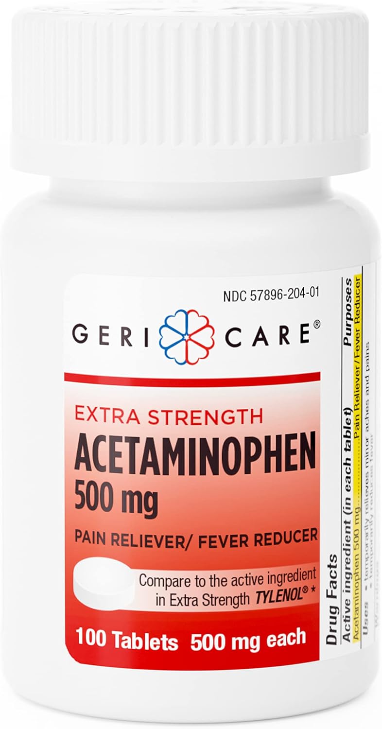 GeriCare Extra Strength Acetaminophen Pain Relief Fever Reducer Tablets, Strength 500mg Tablet | Joint, Muscle, Arthritis, Back Pain Relief 100 Count (Pack of 1)