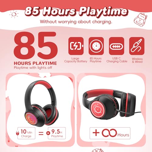 Botesty Sound Kids Bluetooth Headphones, 85H Wireless Headphones for Kids, Colorful LED Lights, 85/94dB Safe Volume Limit, Bluetooth 5.4, Over Ear Toddler Headsets with Built-in Mic for Tablets Airplane,Black - Image 2