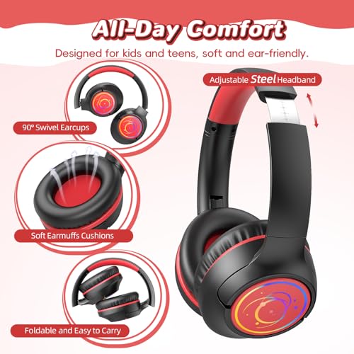 Botesty Sound Kids Bluetooth Headphones, 85H Wireless Headphones for Kids, Colorful LED Lights, 85/94dB Safe Volume Limit, Bluetooth 5.4, Over Ear Toddler Headsets with Built-in Mic for Tablets Airplane,Black - Image 5
