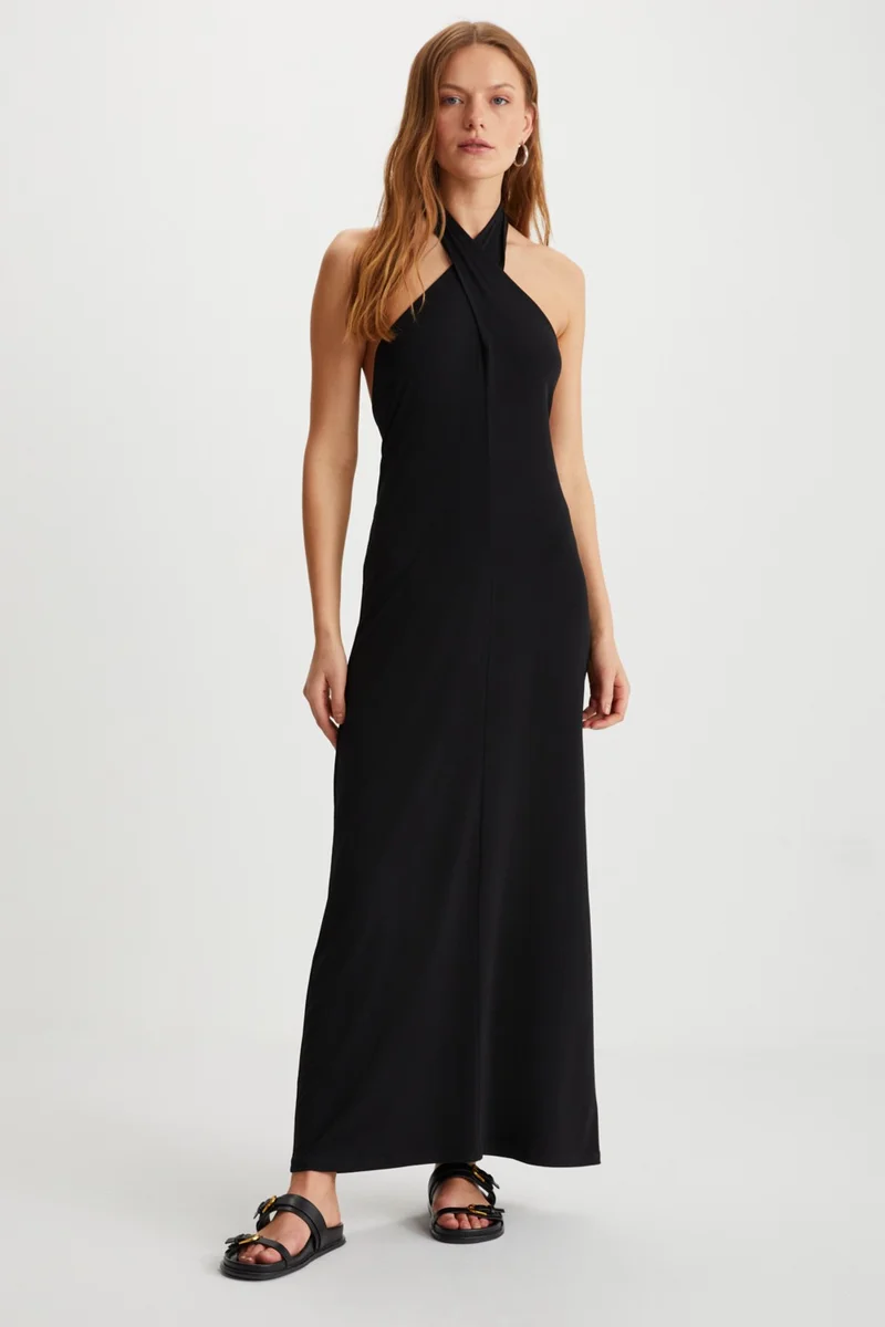 GRIMELANGE Meliora Women's Backless Long Black Dress
