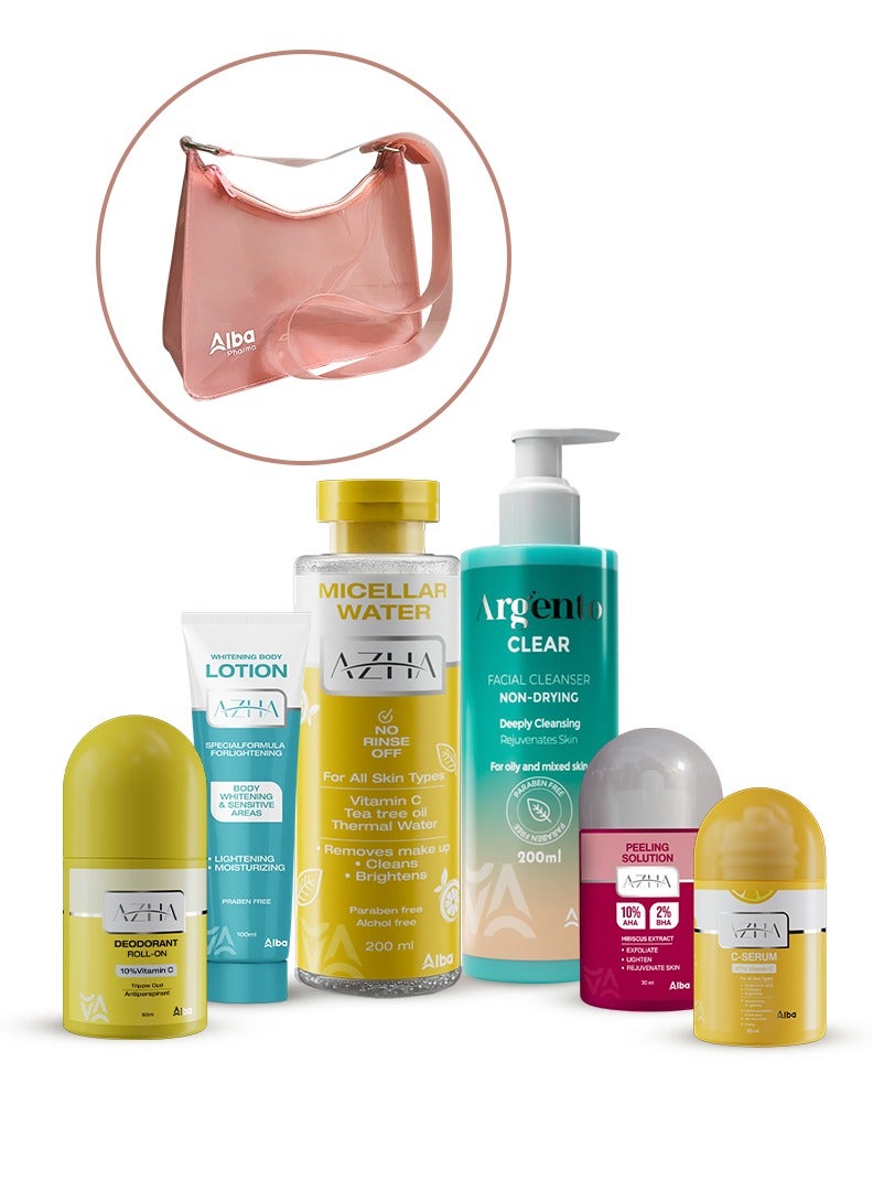 azha body lotion100ml+azha roll on60ml+azha serum30ml+azha peeling30ml+azha micellar water200ml+clear200ml+ kashmir bag
