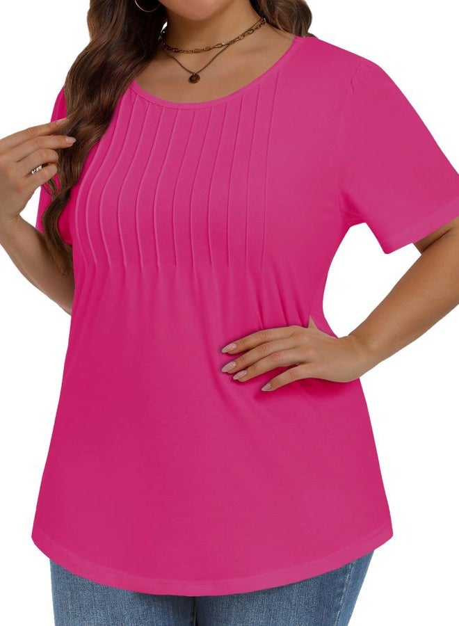 JOELLYUS Plus Size Tops for Women Pleated Summer Top Trendy Short Sleeve Shirts Casual Basic Tee Crew Neck Blouses, B Hot Pink, 3XL - Image 4