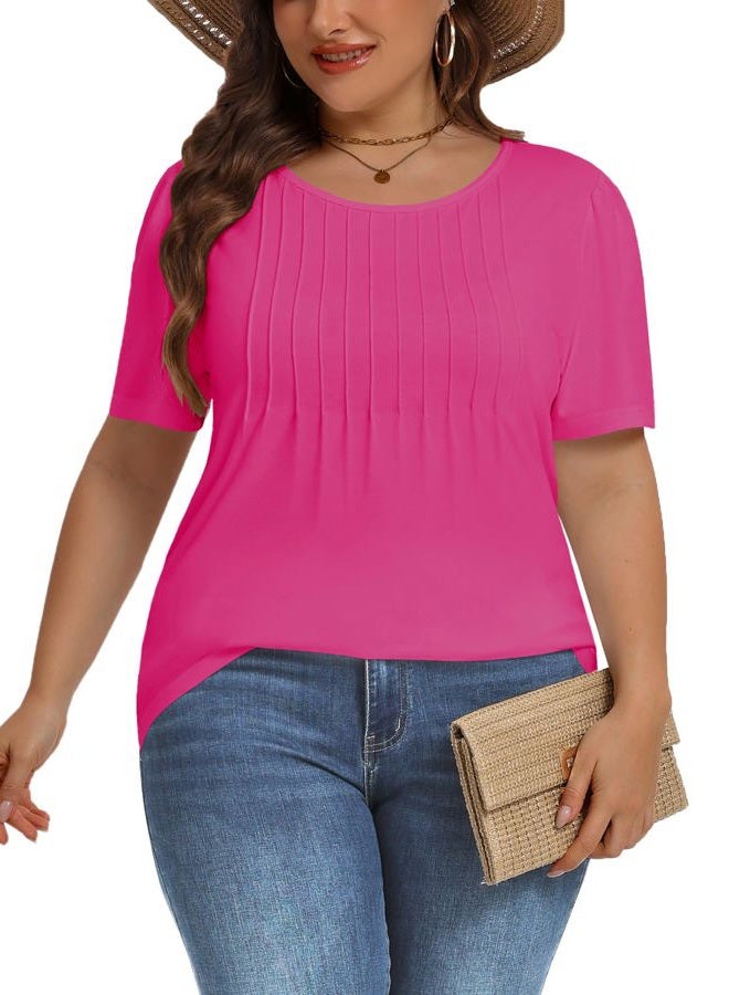 JOELLYUS Plus Size Tops for Women Pleated Summer Top Trendy Short Sleeve Shirts Casual Basic Tee Crew Neck Blouses, B Hot Pink, 3XL - Image 3