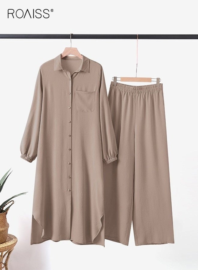 roaiss 2PCS Women's Muslim Arabic Style Two Piece Set with Pockets Spring and Autumn Long-Sleeved Shirts and Trousers, Fashionable and Casual Button-Front Elasticated Waistband Khaki - Image 3