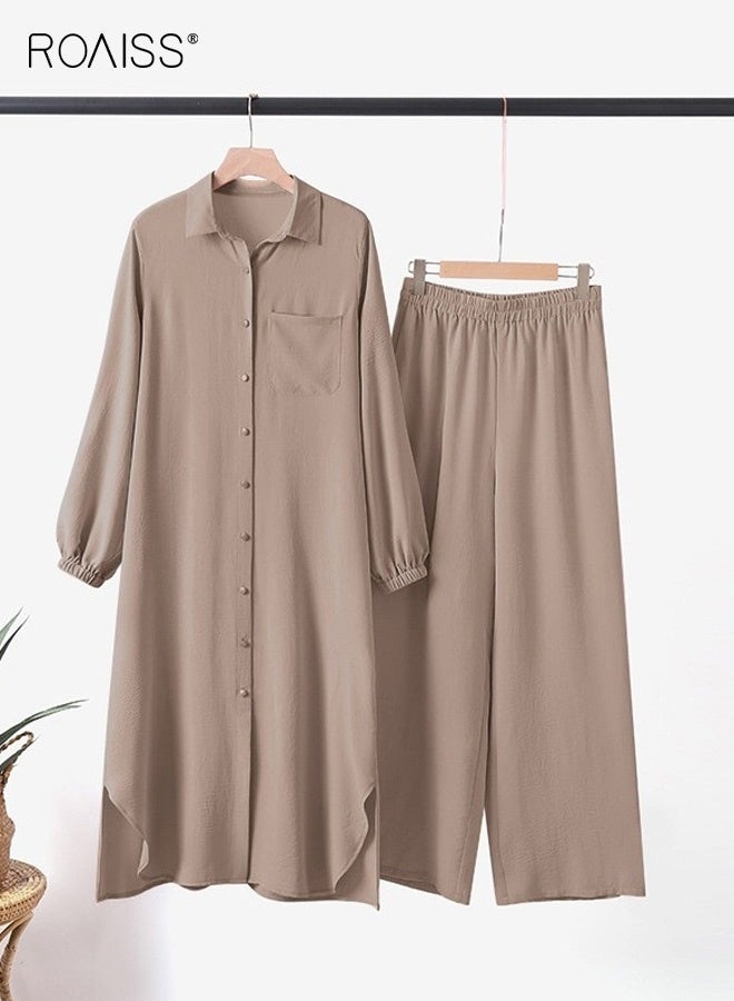 roaiss 2PCS Women's Muslim Arabic Style Two Piece Set with Pockets Spring and Autumn Long-Sleeved Shirts and Trousers, Fashionable and Casual Button-Front Elasticated Waistband Khaki - Image 2