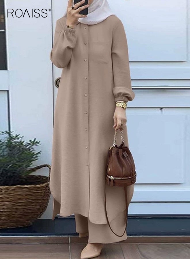 roaiss 2PCS Women's Muslim Arabic Style Two Piece Set with Pockets Spring and Autumn Long-Sleeved Shirts and Trousers, Fashionable and Casual Button-Front Elasticated Waistband Khaki - Image 1