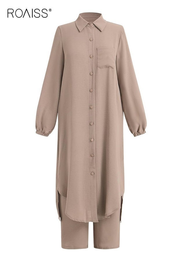 roaiss 2PCS Women's Muslim Arabic Style Two Piece Set with Pockets Spring and Autumn Long-Sleeved Shirts and Trousers, Fashionable and Casual Button-Front Elasticated Waistband Khaki - Image 5
