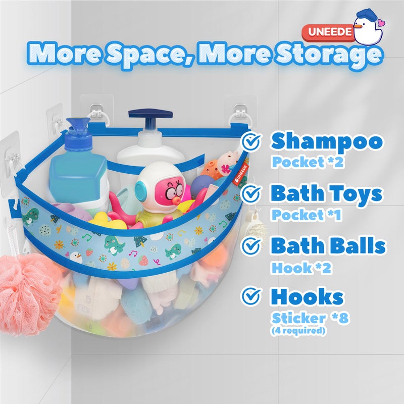 UNEEDE 4.32 Gallons Dinosaur Print Corner Bath Toy Storage | Blue Mesh Shower Caddy with Quick Drain & Bottom Zipper - Image 3