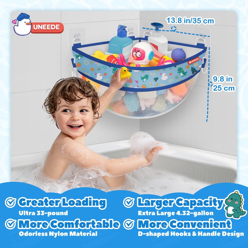 UNEEDE 4.32 Gallons Dinosaur Print Corner Bath Toy Storage | Blue Mesh Shower Caddy with Quick Drain & Bottom Zipper - Image 4