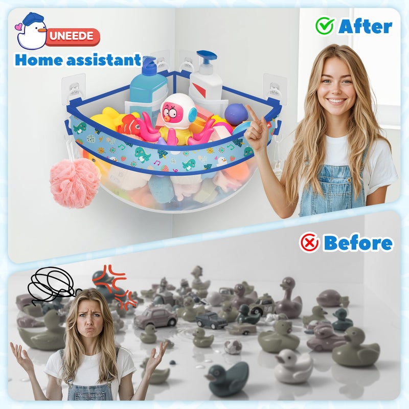 UNEEDE 4.32 Gallons Dinosaur Print Corner Bath Toy Storage | Blue Mesh Shower Caddy with Quick Drain & Bottom Zipper - Image 2