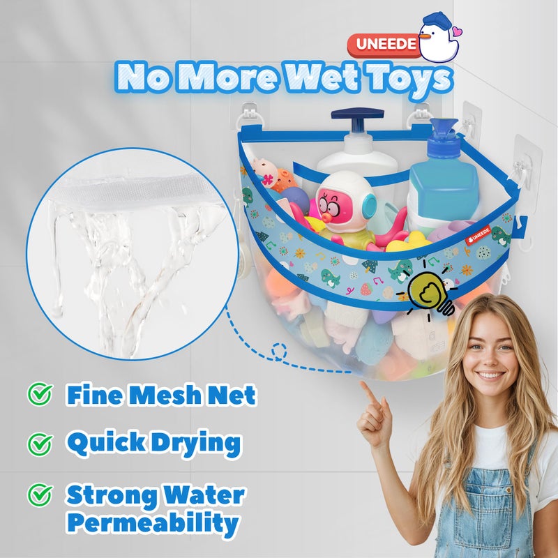 UNEEDE 4.32 Gallons Dinosaur Print Corner Bath Toy Storage | Blue Mesh Shower Caddy with Quick Drain & Bottom Zipper - Image 5