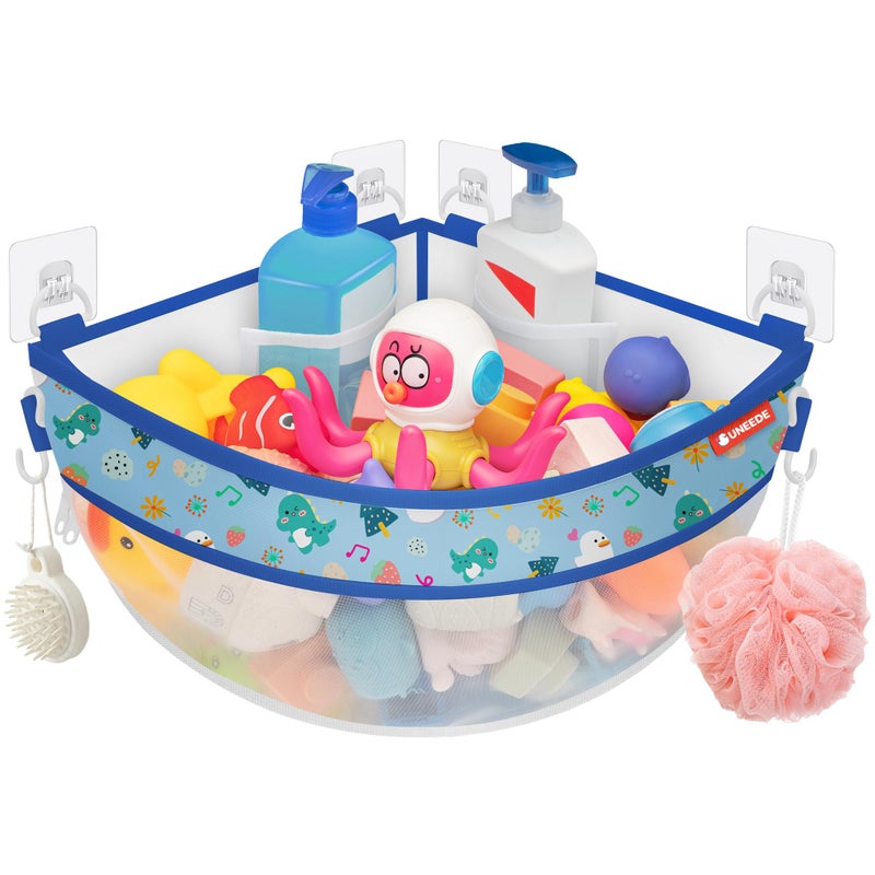 UNEEDE 4.32 Gallons Dinosaur Print Corner Bath Toy Storage | Blue Mesh Shower Caddy with Quick Drain & Bottom Zipper - Image 1