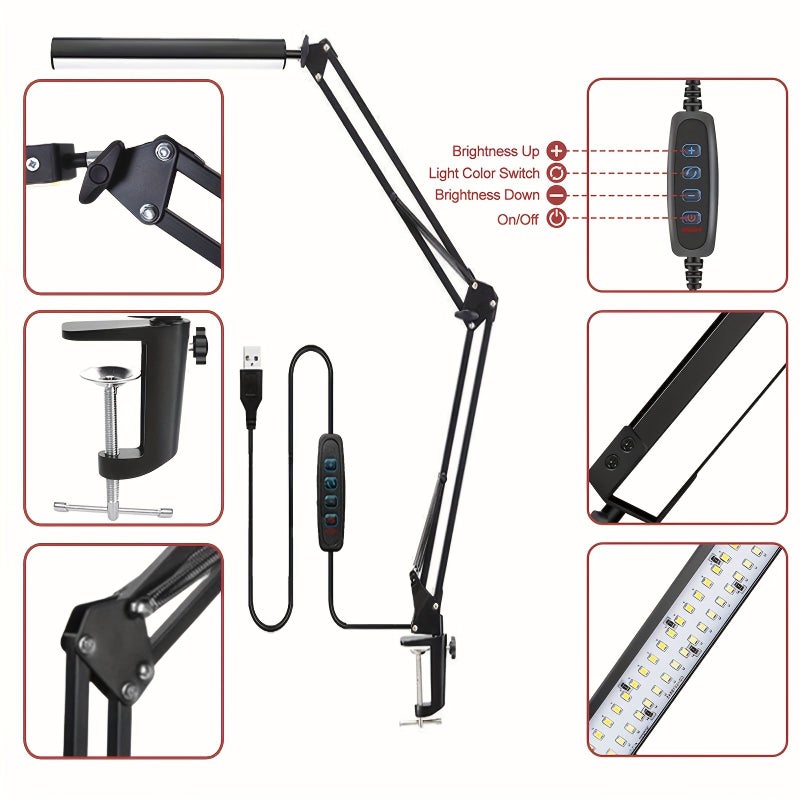 LED Desk Lamp 14W Eye Caring Metal Swing Arm Clamp Table Light 3 Color Modes 30 Brightness Dimmable With Memory Function For Home Office Dorm Study Work Reading Drawing Black - Image 4