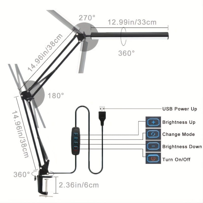 LED Desk Lamp 14W Eye Caring Metal Swing Arm Clamp Table Light 3 Color Modes 30 Brightness Dimmable With Memory Function For Home Office Dorm Study Work Reading Drawing Black - Image 2