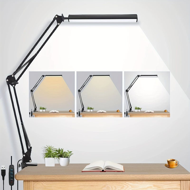 LED Desk Lamp 14W Eye Caring Metal Swing Arm Clamp Table Light 3 Color Modes 30 Brightness Dimmable With Memory Function For Home Office Dorm Study Work Reading Drawing Black - Image 1