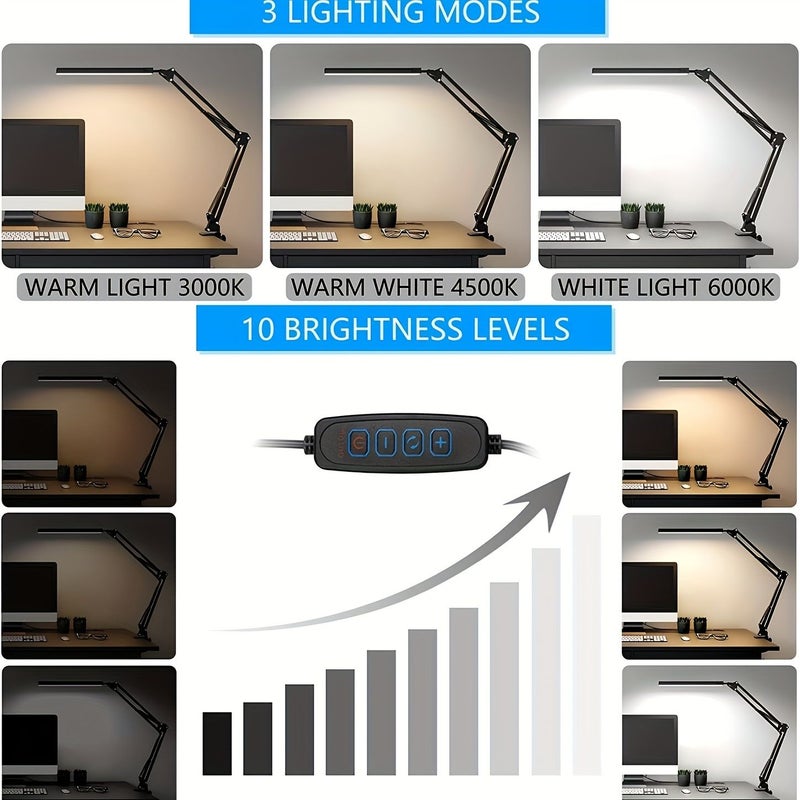 LED Desk Lamp 14W Eye Caring Metal Swing Arm Clamp Table Light 3 Color Modes 30 Brightness Dimmable With Memory Function For Home Office Dorm Study Work Reading Drawing Black - Image 3