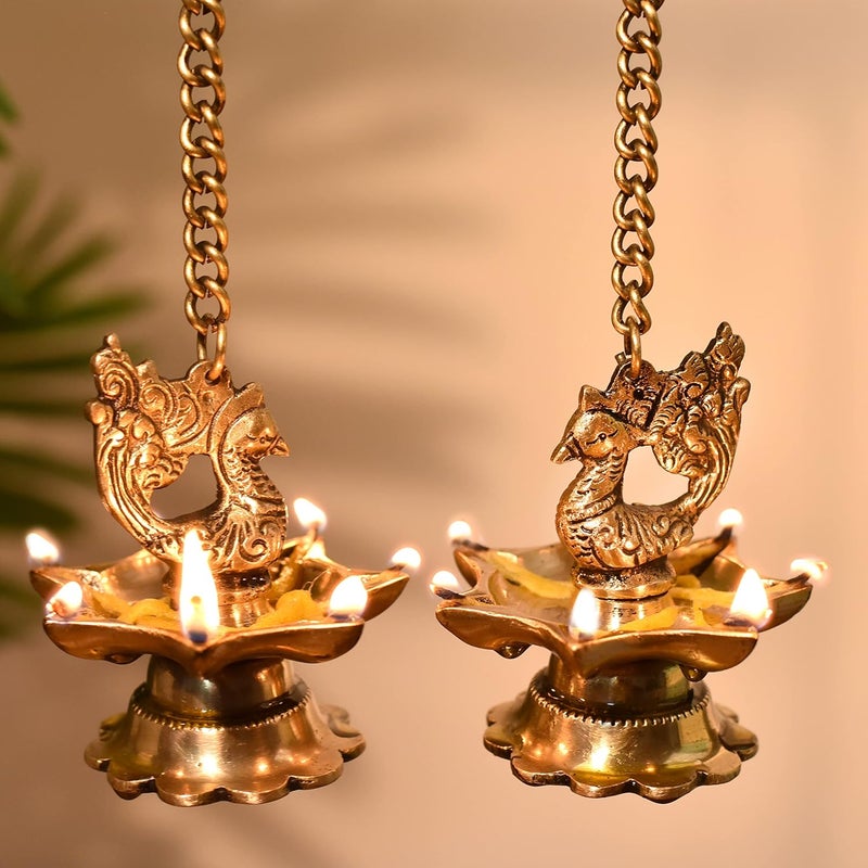 Indian-Shelf Indianshelf 2 Pieces Brass Hanging Diya Mada Vilakku For Home Entrance Brass Decorative Items For Living Room Deepa Hanging Diya For Pooja Room Brass Peacock Hanging Diya Peacock Decoration Items - Image 1