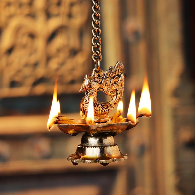 Indian-Shelf Indianshelf 2 Pieces Brass Hanging Diya Mada Vilakku For Home Entrance Brass Decorative Items For Living Room Deepa Hanging Diya For Pooja Room Brass Peacock Hanging Diya Peacock Decoration Items - Image 2