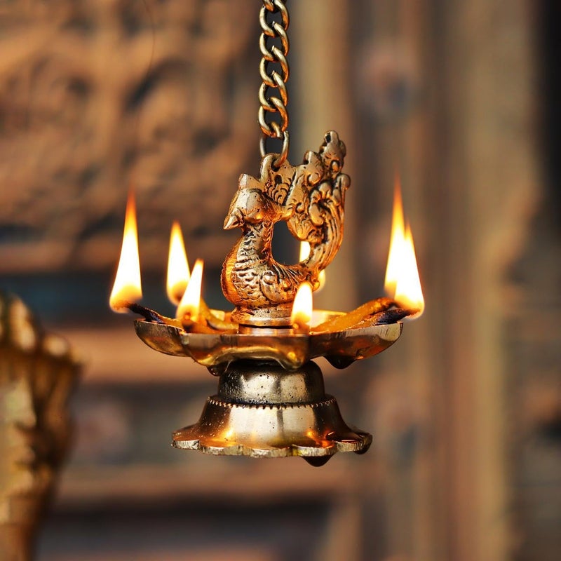 Indian-Shelf Indianshelf 2 Pieces Brass Hanging Diya Mada Vilakku For Home Entrance Brass Decorative Items For Living Room Deepa Hanging Diya For Pooja Room Brass Peacock Hanging Diya Peacock Decoration Items - Image 4