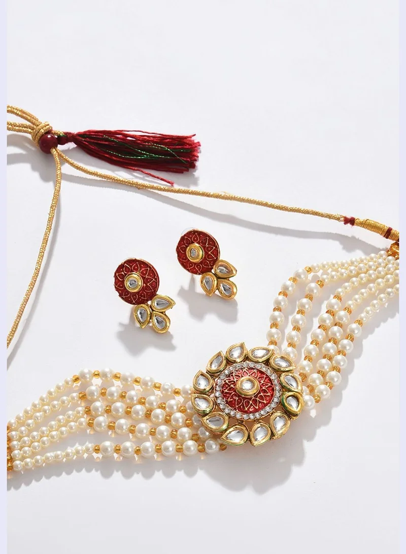 SOHI Gold Plated Designer Kundan Necklace and Earrings Set