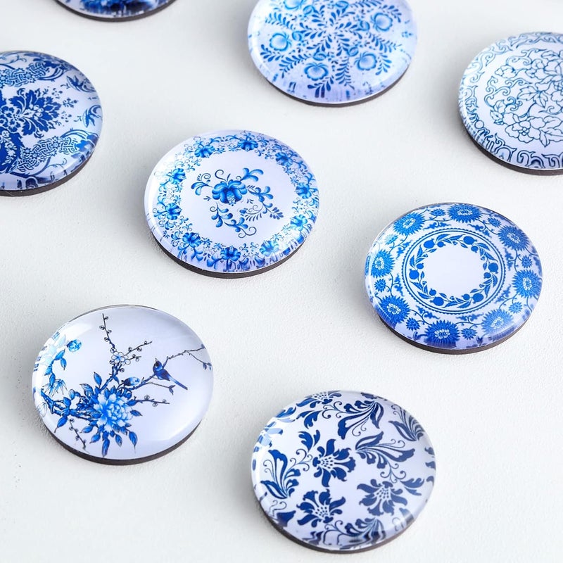 TOODOO 20 Pieces Glass Refrigerator Magnets Round Blue and White Porcelain Refrigerator Magnets for Fridge Whiteboard Office Locker Cabinet Dishwasher Decoration Gift - Image 4