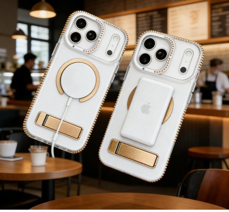 غلاف متوافق مع MagSafe لهاتف آيفون 17 برو ماكس، غلاف هاتف مغناطيسي بستاند عمودي بتصميم الماس مضاد للخدش والصدمات - لون شمبانيا - Image 4