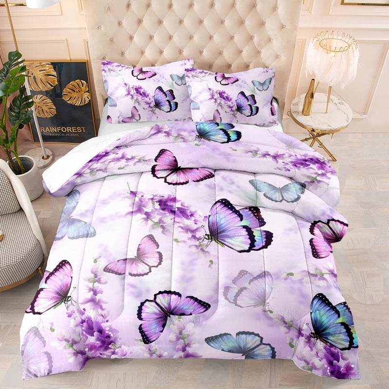 XYNHML Lavender Butterfly Comforter Set for Girl Kid Adult Colorful Butterfly Pattern Bedding Set Aesthetics Butterflies Quilt Bed Set Twin Size with 1 Comforter and 2 Pillowcases - Image 1