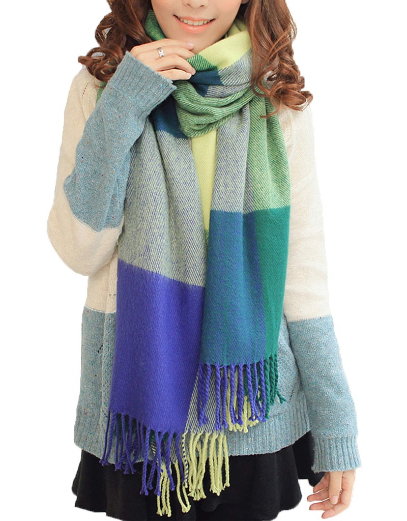 Wander Agio Women's Fashion Long Shawl Big Grid Winter Warm Large Scarf Green - Image 1