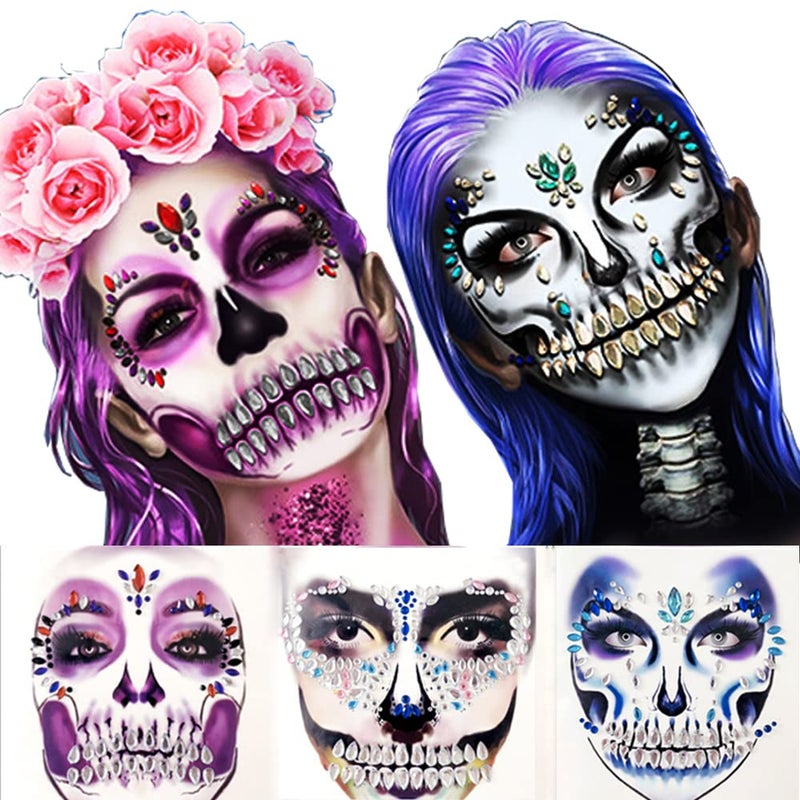 Day of the Death Face Gems Tattoo - 3-Pack Halloween Face Jewels Stick on Decals