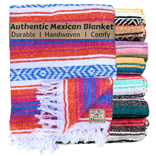 Del Mex Classic Mexican Blanket, Large Authentic Woven Falsa Throw (70"x50"), Artisan Southwest Décor for Beach, Yoga, Outdoors (Orange/Pink/Blue) - Image 1