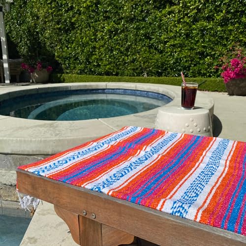 Del Mex Classic Mexican Blanket, Large Authentic Woven Falsa Throw (70"x50"), Artisan Southwest Décor for Beach, Yoga, Outdoors (Orange/Pink/Blue) - Image 3