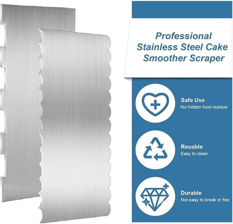 AZOFIA 3 Pack Cake Scraper Smoother, Stainless Steel Double Edge Sided Patterned Cake Decorating Scraper Comb for Mousse Butter Cream Dessert Decor - Image 4
