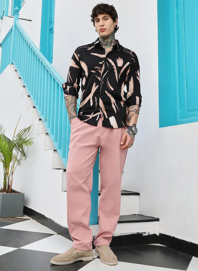 Campus Sutra Campus Sutra Men's Obsidian Black & Ecru Beige Contrast-Strokes Imprint Shirt | Spread Collar , Long Cuffed Sleeves , Button Closure , Curved Hem | Abstract Print Plain | Shirt For Casual Wear